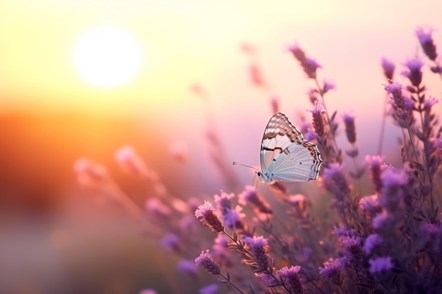 lavender flowers with a butterfly on it in the sunset generative ai