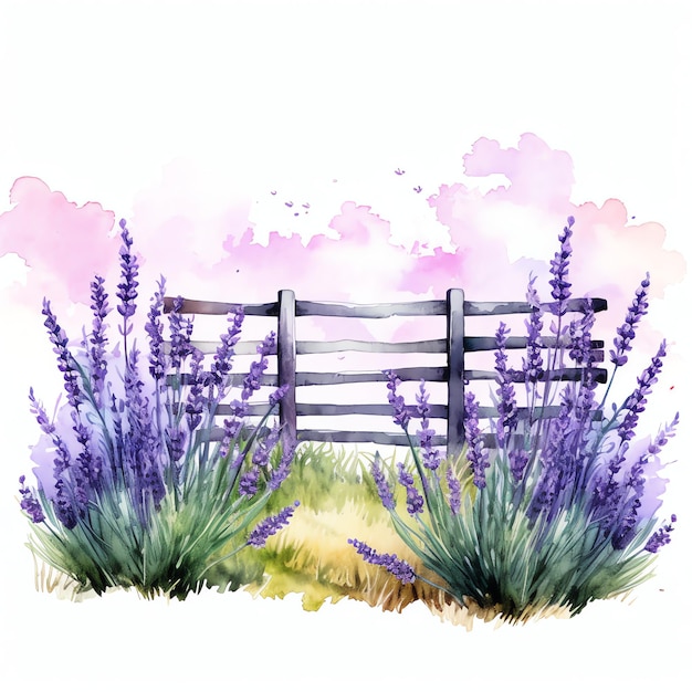 lavender garden fence with flowers illustration spring floral clipart