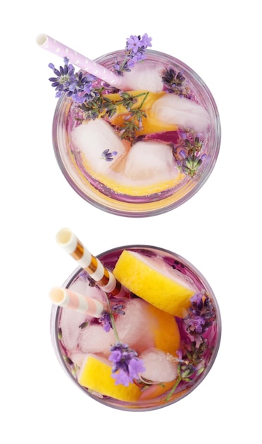 Lavender lemonade on white background top view