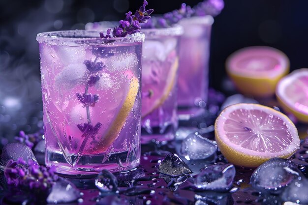 Photo lavender lemonade with ice on dark background