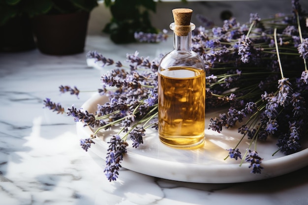 lavender oil Extract with isolated white marble background professional photography