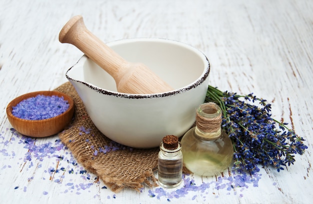 Lavender oil with bath salt and fresh lavender 