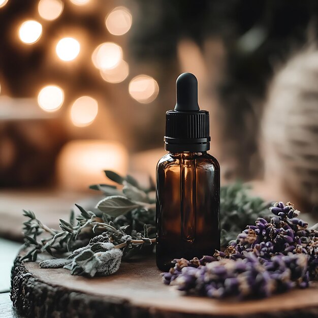 Photo lavender and sage essential oil bottle on wooden surface with warm lighting