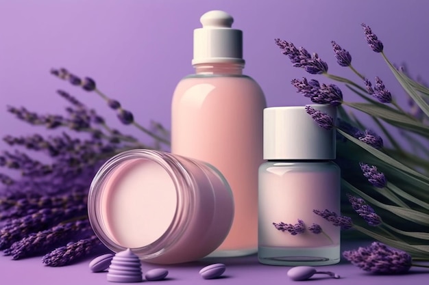 Lavender scented cosmetics cream and tonic bottles illustration Generative AI