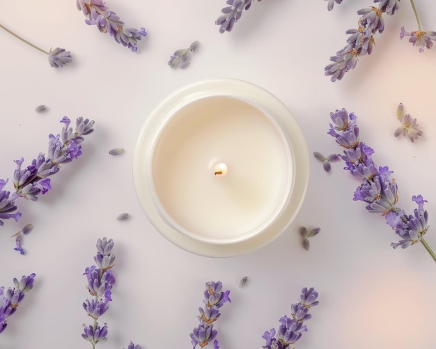 Lavender scented soy candle for aromatherapy and relaxation eco home wellness concept