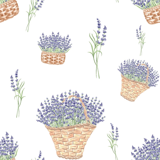 Lavender seamless pattern bouquet of purple flowers in wicker baskets watercolor hand drawn