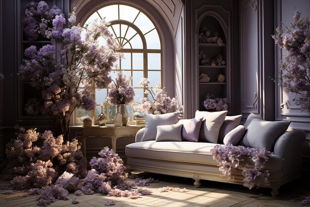 Lavender Serenity Elegant Room Adorned with Fresh Flowers