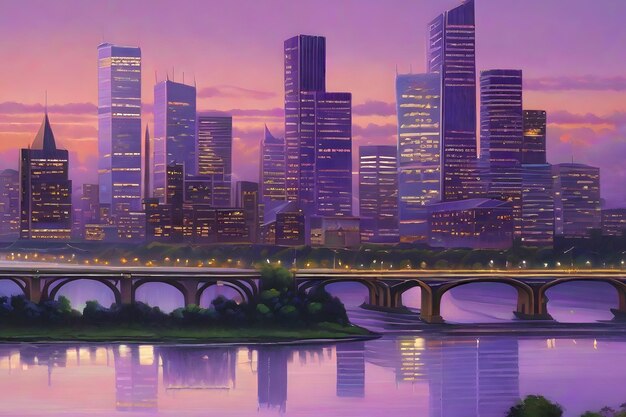 Lavender sky skyscrapers serene river reflection Surreal urban beauty