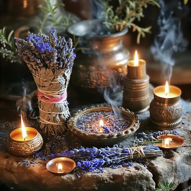 Lavender Smudge wands with candles herbs and botanicals