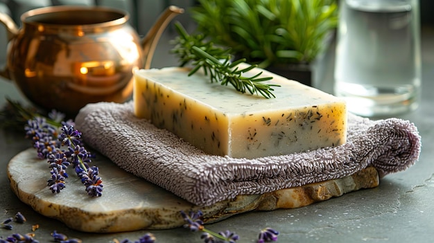 Lavender soap on a towel with water and rosemary