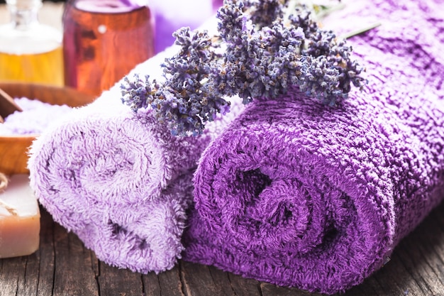 Lavender spa - essential oil, seasalt, violet towels and handmade soap