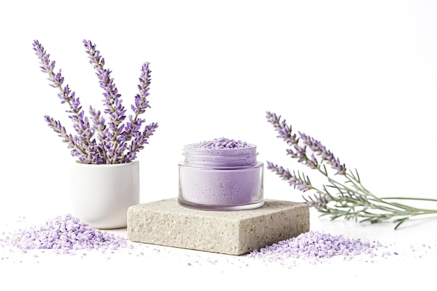 Photo lavender spa products on white background