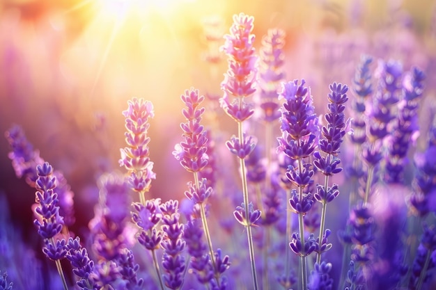 Lavender Sunlight Blooming Lavandula Field with Beautiful Purple Flowers as Aromatic Background