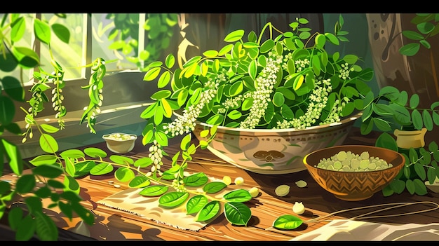 Laves moringa in the tablle illustration backgroun Generate Ai