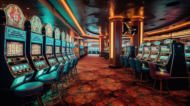 A Lavish Casino Interior with Abundant Slot Machines Generative AI