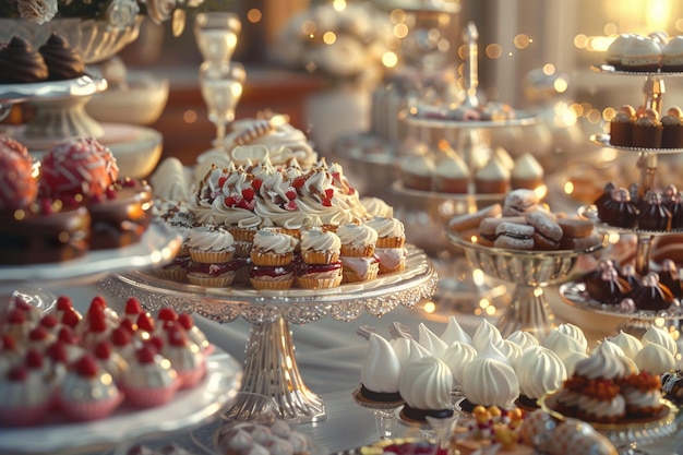 Lavish dessert table at a gourmet wedding receptio