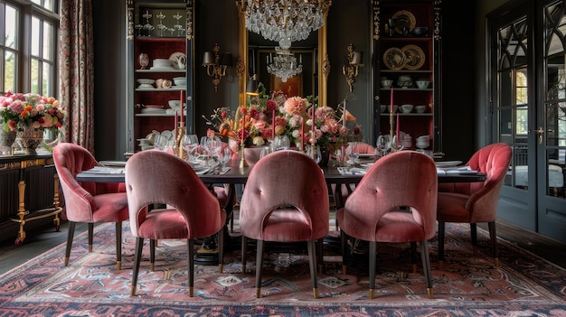 Photo lavish dining room with velvet chairs and ornate table settings