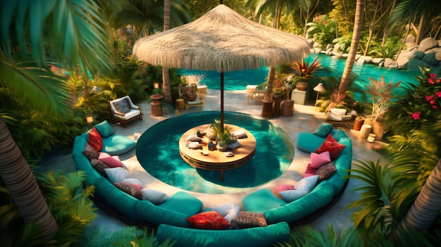 A lavish exotic outdoor lounge area in a highend summer resort with a playful tropical vibe