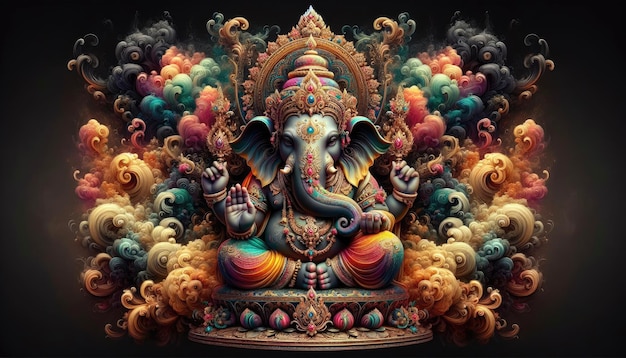 Lavish Ganesha Sculpture Embellished in Bright Tones Against Smoky Dark Backdrop