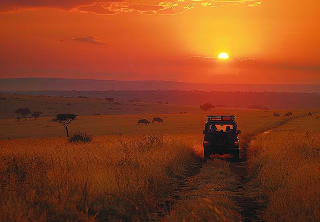 A lavish safari camp in the African wilderness features guests on a game drive binoculars in hand They marvel at majestic creatures roaming freely against a fiery sunset backdrop full of adventure