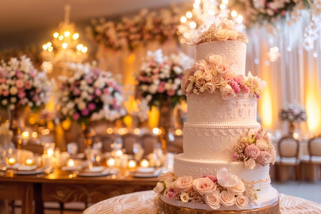 Lavish white wedding cake and decor with multiple tiers and decorations surrounded by flowers and c