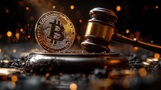 Photo law or auction concept with gavel and gold bitcoin replica