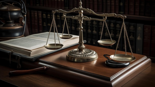 A law book and a scale of justice on a desk