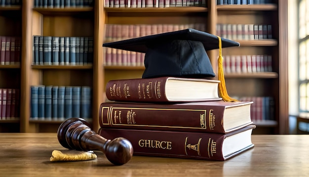 Photo law education judge gavel and textbook with a mortarboard on books in a library graduation cap