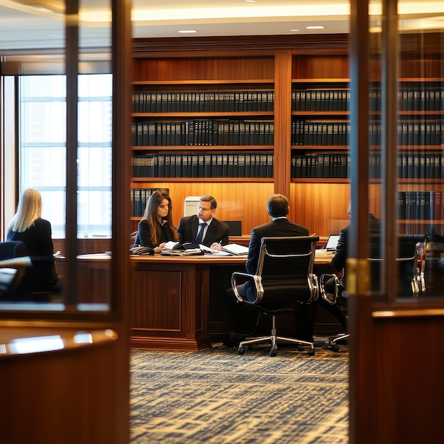 Photo law firm office with attorneys in discussion