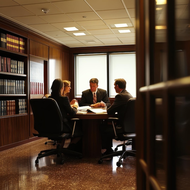 Photo law firm office with attorneys in discussion