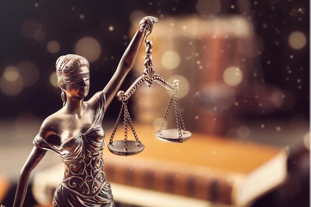 Law and justice concept. Judge's gavel, scales, hourglass, vintage clock, books.            - Image