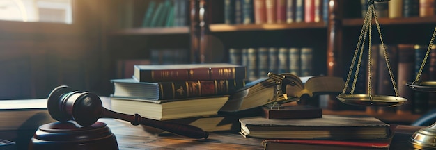 Photo law and justice gavel scales and books in a library setting