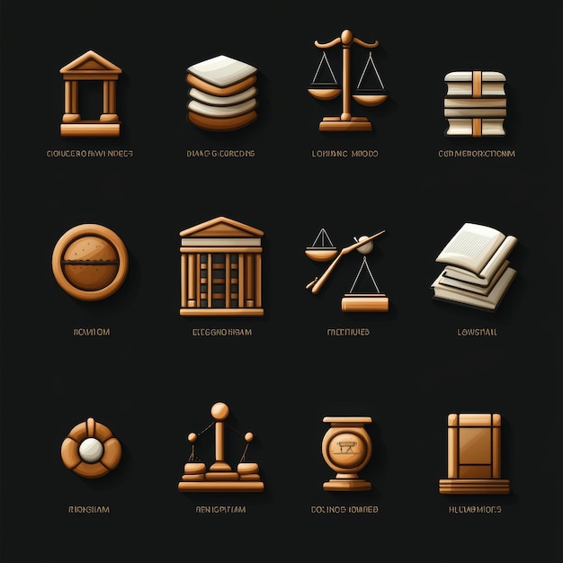 Photo law justice icons set scales books court hammer gavel law justice legal lawsuit judgement legal