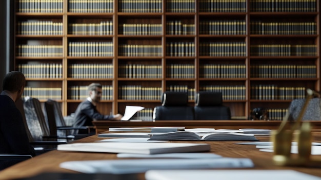 Photo law library with blurry lawyers in the background