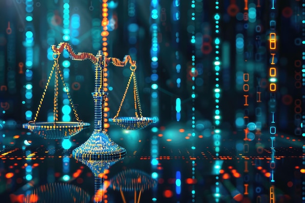 Law Scales on Background of Data Center Digital Law Concept of Judiciary and Justice Cut Out