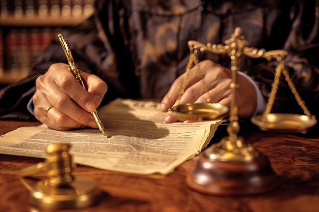 law theme mallet of judge wooden desk and scales of justice