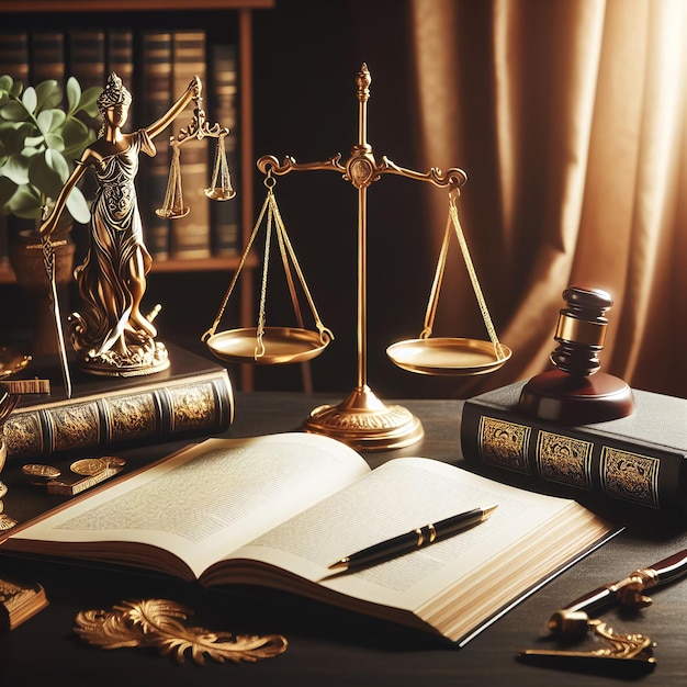 Law theme mallet of judge wooden gavel scales of justice legal books