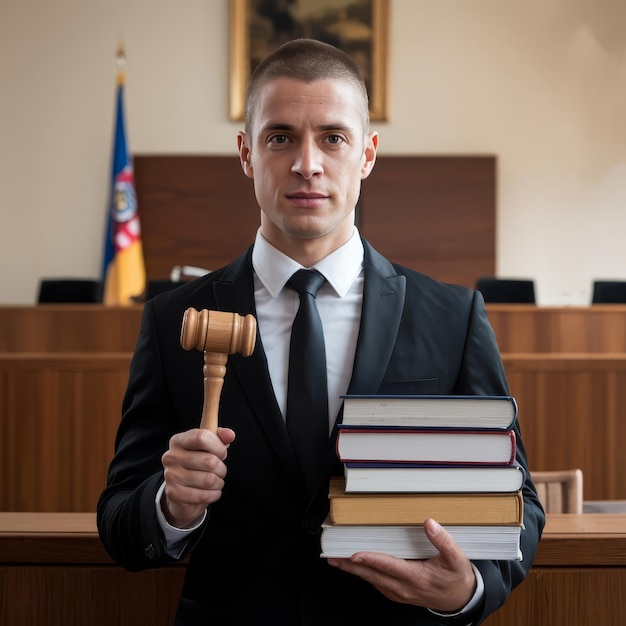 Lawer holding books and gavel midsection view