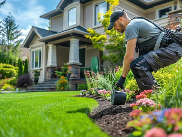 Lawn Care Professional Edging a Flower Bed in Front of a Suburban Home on a Sunny Day