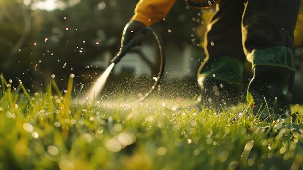 Photo lawn care worker operating a hose