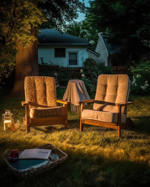 Lawn Chairs outside on grass for movie night on projector summer time