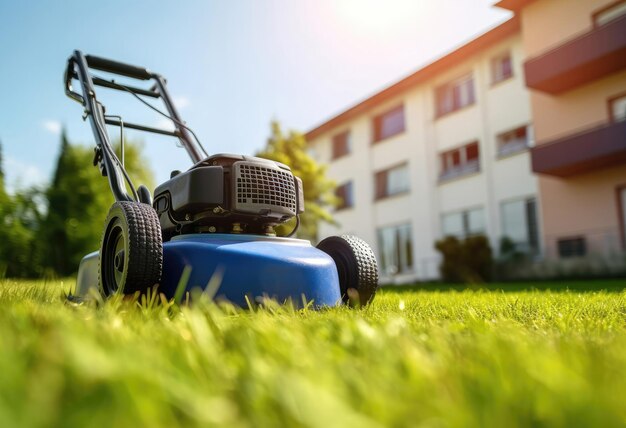 lawn mower on a beautiful trimmed lawn in the courtyard of a private residential building