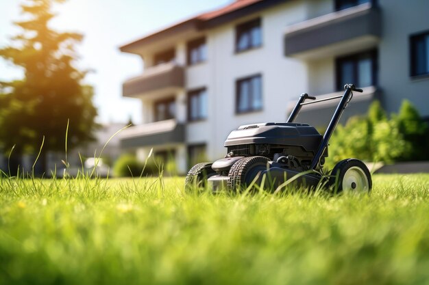 lawn mower on a beautiful trimmed lawn in the courtyard of a private residential building