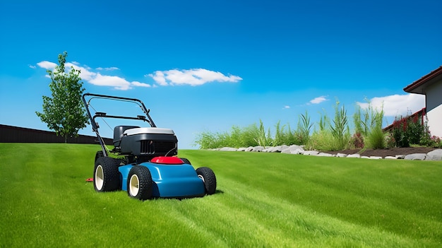 A lawn mower on a grassy field