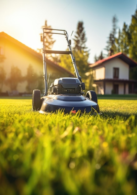 A lawn mower is being used to mow the grass Generative Ai