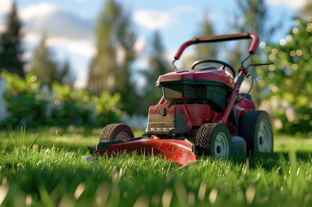 A lawn mower parked on the grass ideal for landscaping and gardening projects