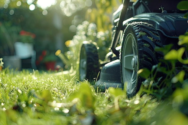 Photo lawn mower trimming grass in sunny garden