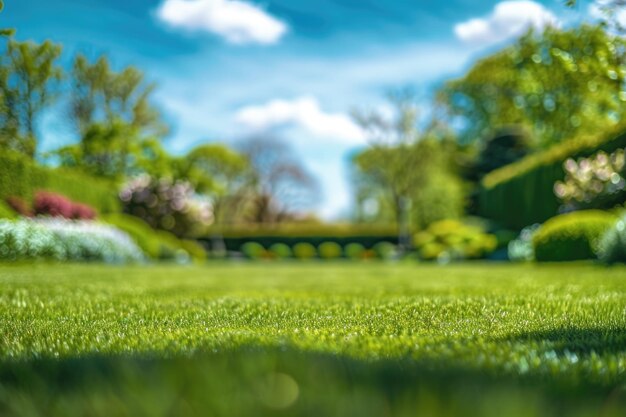 Photo a lawn with a bridge in the background and a blue sky with clouds