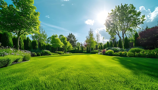 a lawn with a bright sun shining through the trees