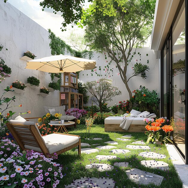 a lawn with a chair and a table with a umbrella on it